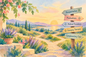 A garden with winding paths and a signpost pointing toward rehabilitation, medications, medical procedures, emerging therapies, and complementary care.