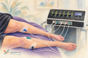 Watercolor illustration of Scrambler Therapy electrodes placed on a patient's legs during treatment.