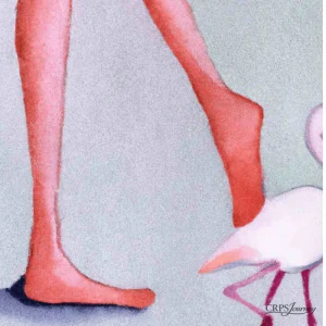 Watercolor illustration of legs with bright red foot next to a flamingo.