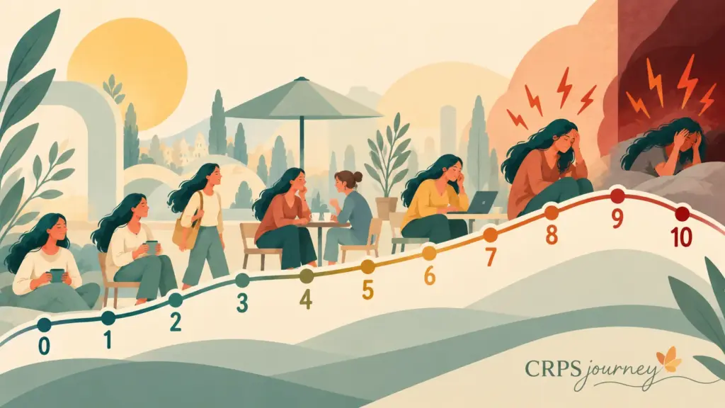 CRPSJourney illustration showing pain levels increasing from 0 to 10, with a woman progressing from everyday activities to severe pain and distress.