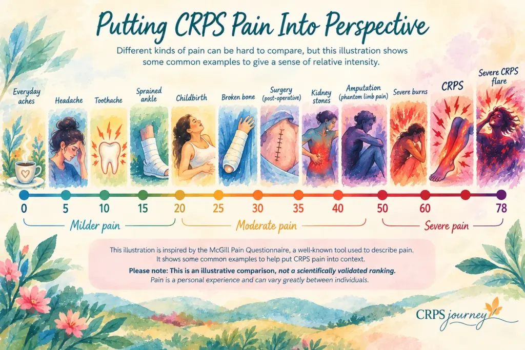 Illustrated comparison of different painful experiences on an unofficial 0–78 scale, with CRPS depicted at the severe end.