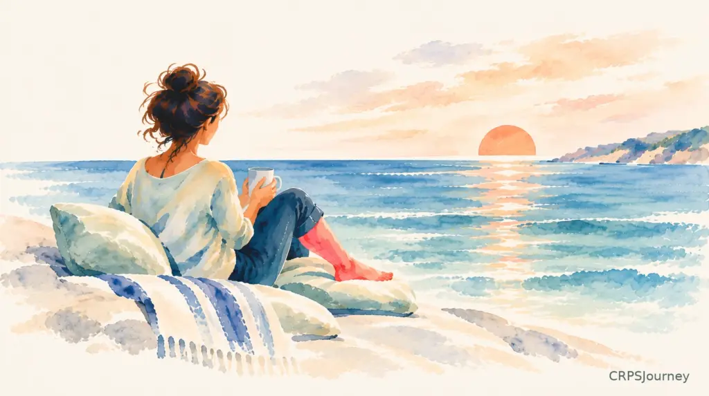 A watercolor illustration for CRPSJourney showing a peaceful moment by the sea, with an affected leg comfortably supported. A reflection of living with CRPS, adapting to challenges, and finding moments of calm.